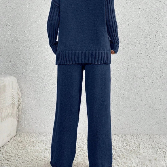 Royal Blue Casual Women's High Neck Drop Shoulder Sweater And Pants - Picture 3 of 5